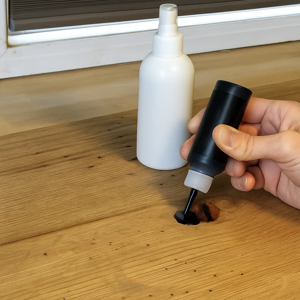 Application de colle cyanoacrylate sur les nœuds du bois d'un plateau de console.