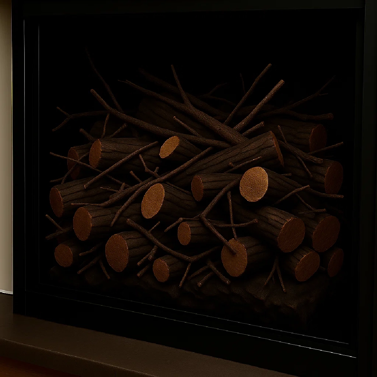 Petites bûches et branches remplissant les espaces pour un aspect réaliste dans la cheminée électrique.