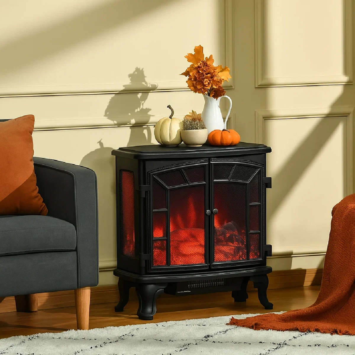 Décoration saisonnière de cheminée électrique avec des citrouilles, des feuilles aux tons chauds et un plaid orange douillet.