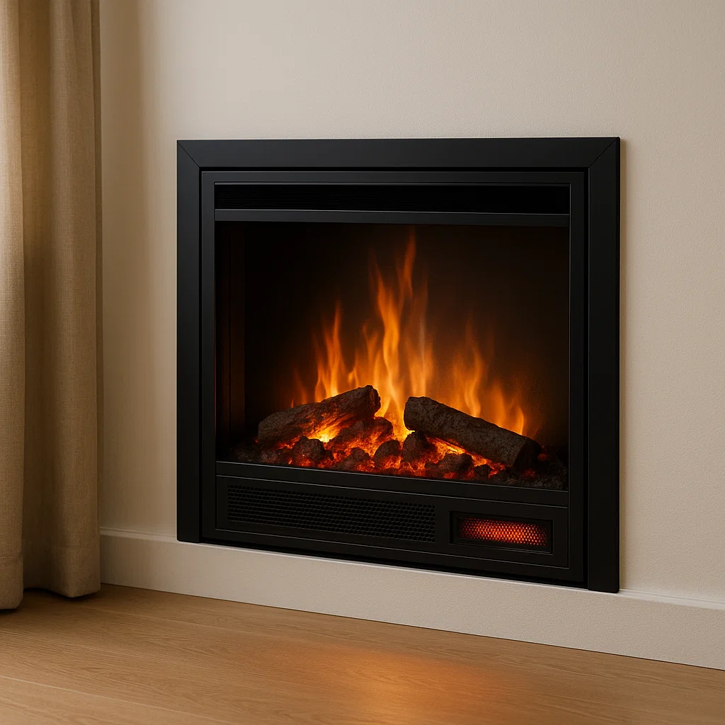 Cheminée électrique avec bûches incandescentes et effet de flamme fonctionnant indépendamment de la production de chaleur.