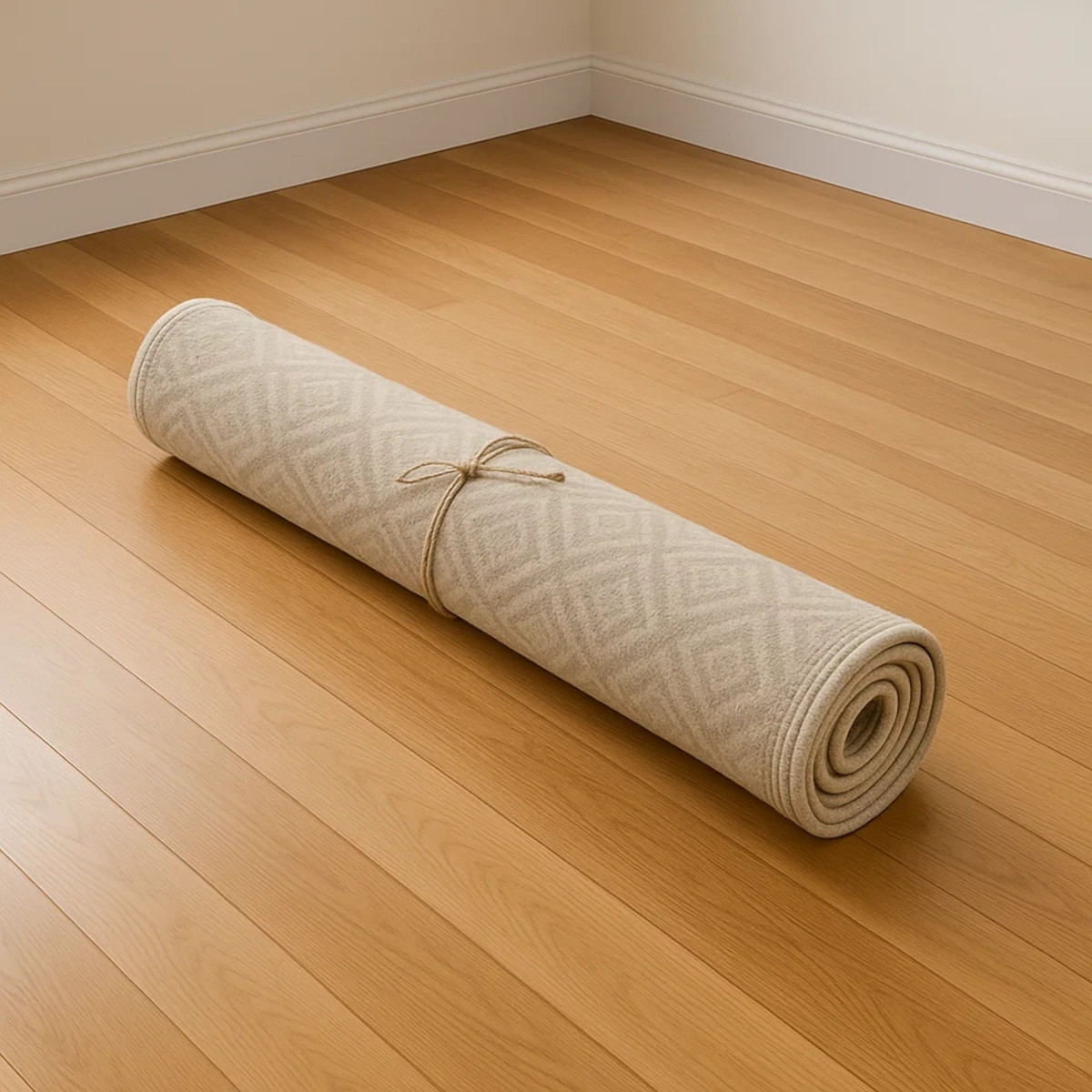 Tapis enroulé et ficelé, posé sur un parquet pour en aplatir les bords recourbés.
