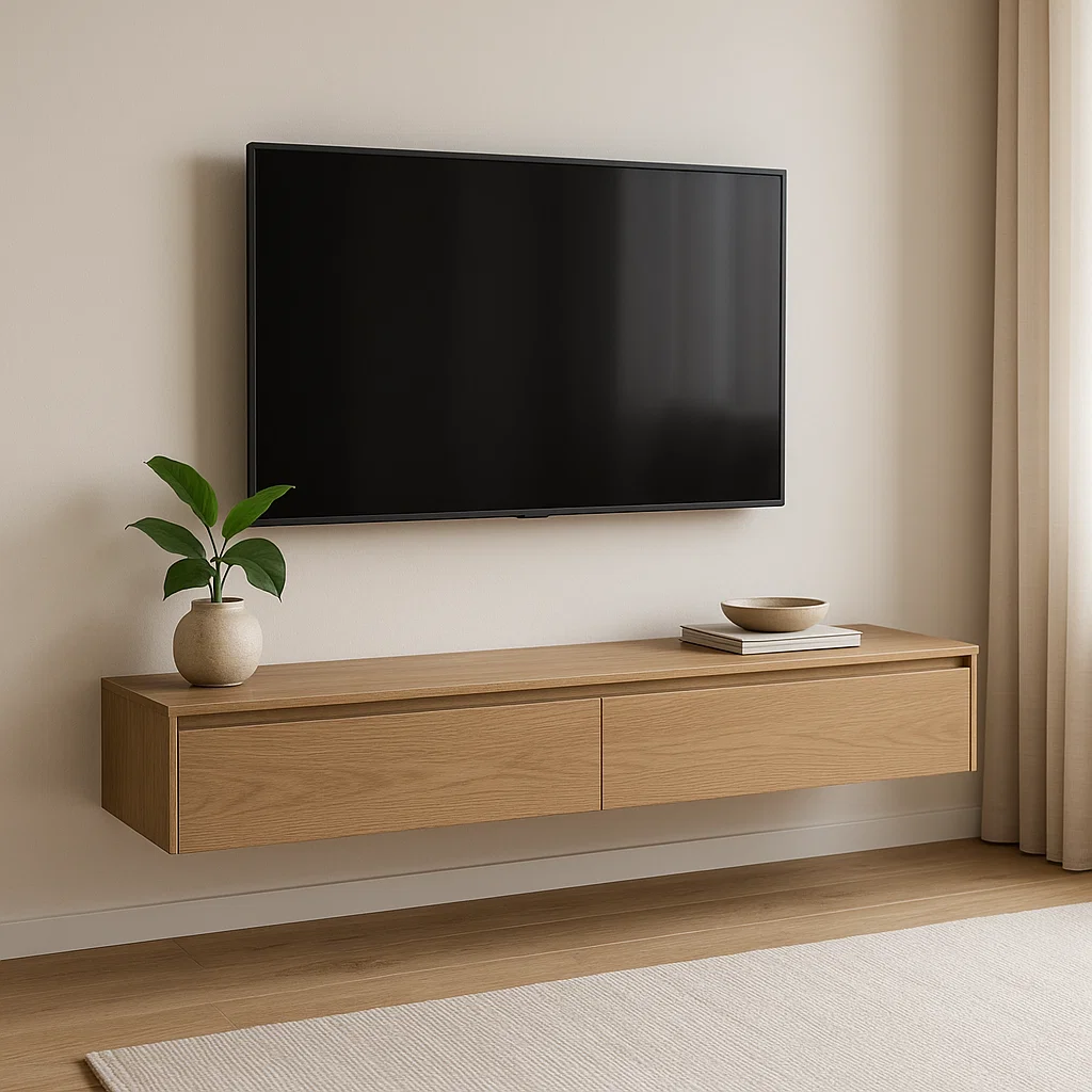 Meuble TV mural minimaliste en bois aux lignes épurées, sous un téléviseur fixé au mur dans une pièce moderne et neutre.