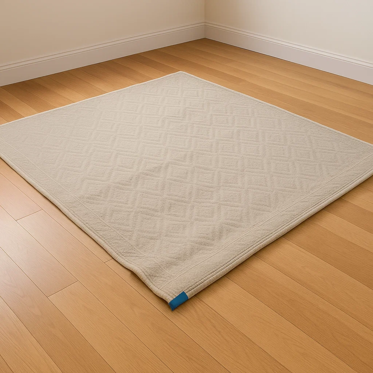Coin d'un tapis délicatement lesté par un objet bleu pour l'aplatir sur le parquet.