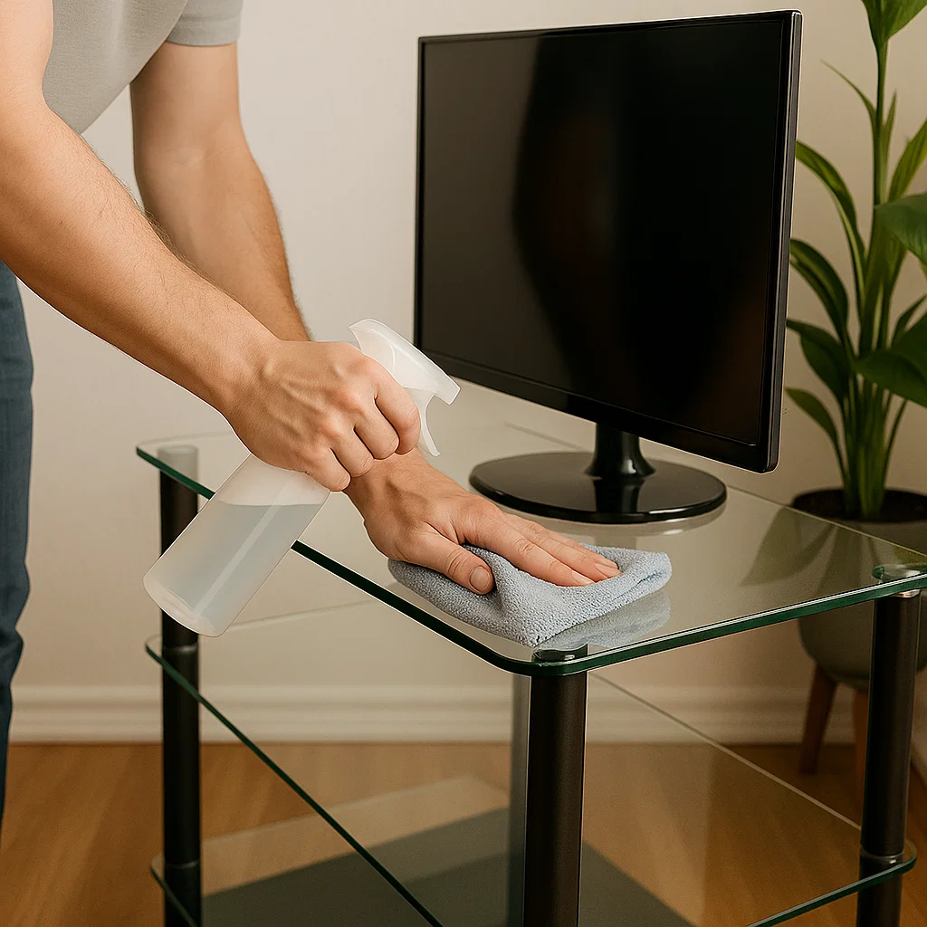 Nettoyage d'un meuble TV en verre avec un chiffon en microfibre et un vaporisateur pour une brillance sans traces.