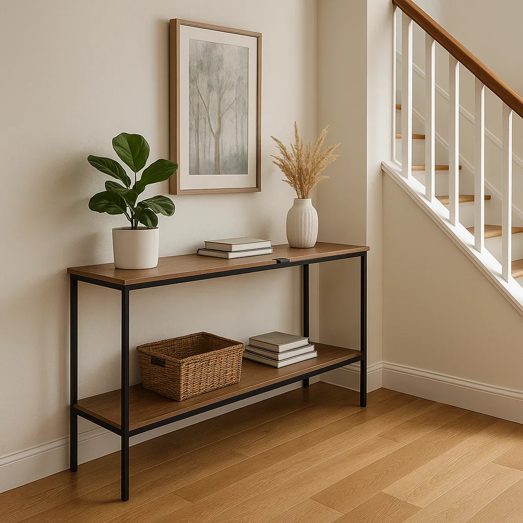 Couloir avec une table console pour optimiser les espaces étroits en offrant du rangement et de la décoration.