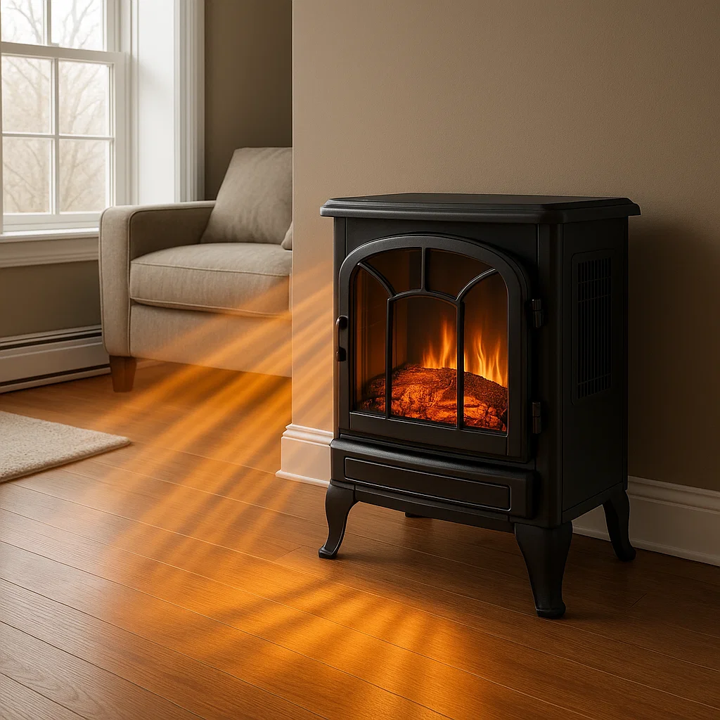 Cheminée électrique sur pied diffusant de l'air chaud sur le sol d'un salon près d'une fenêtre et d'un fauteuil.