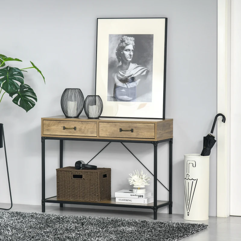 Table console faite maison terminée, contre un mur blanc avec de la décoration.