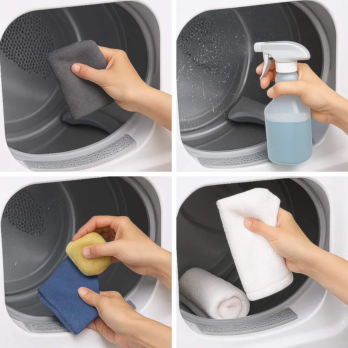 Nettoyage du tambour de sèche-linge avec un chiffon et un spray.