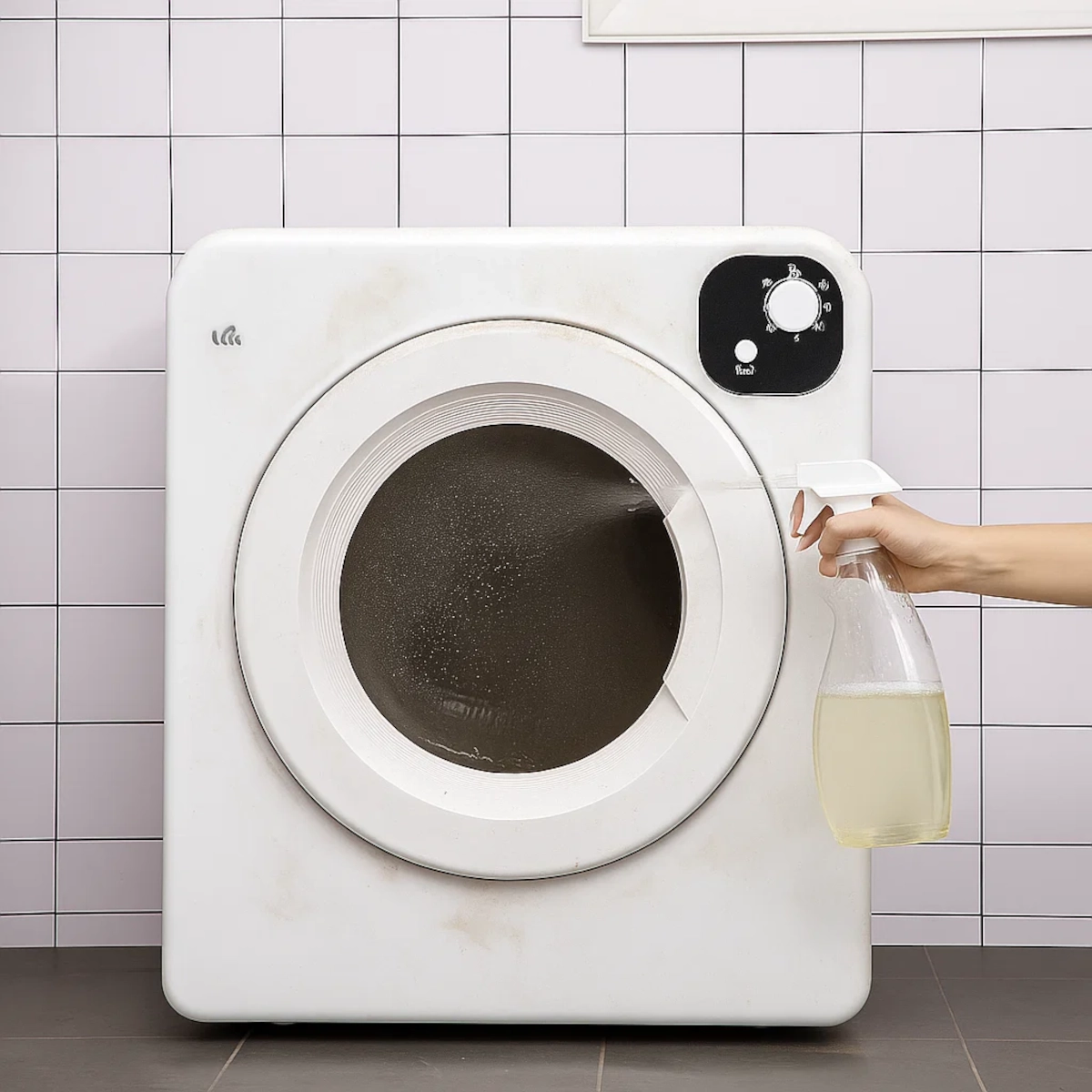 Vaporisation de désinfectant sur le devant du sèche-linge.