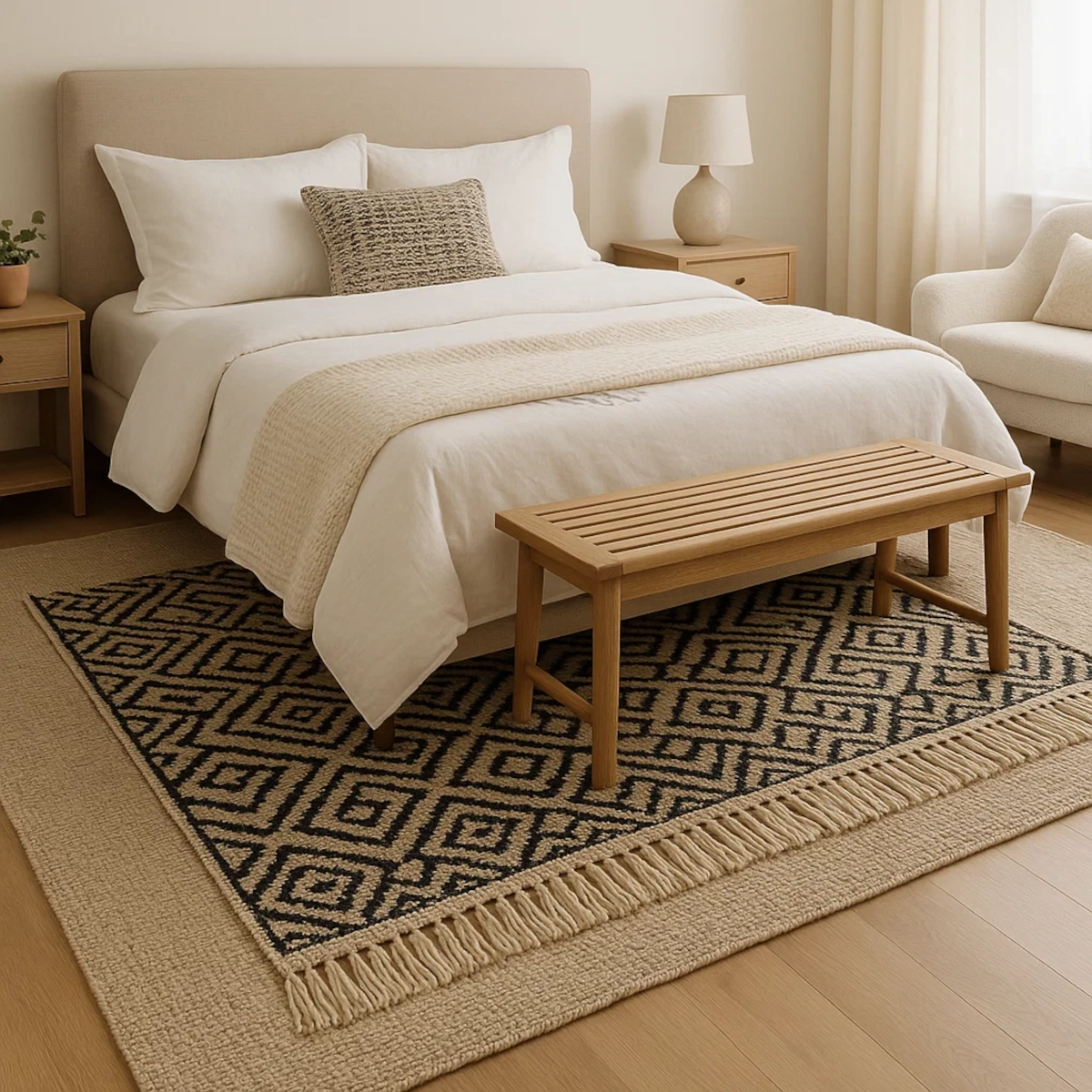 Tapis superposés sous un lit avec banc, ajoutant de la texture et de la chaleur à une chambre neutre.