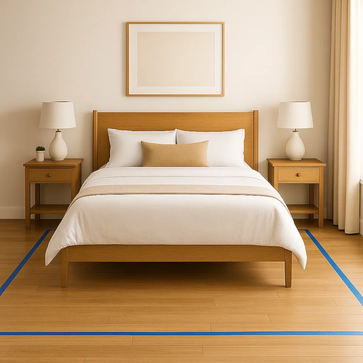 Chambre neutre avec un lit queen et un tapis beige placé sous le lit.
