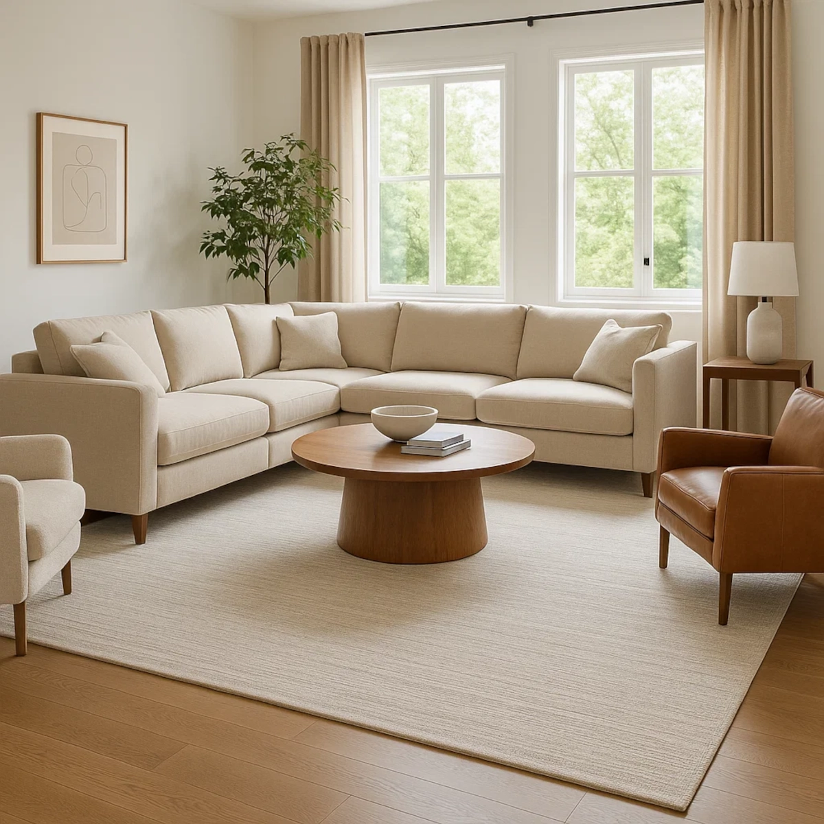 Un tapis crème ancre un canapé d'angle, un fauteuil en cuir et une table basse ronde en bois dans un salon lumineux.