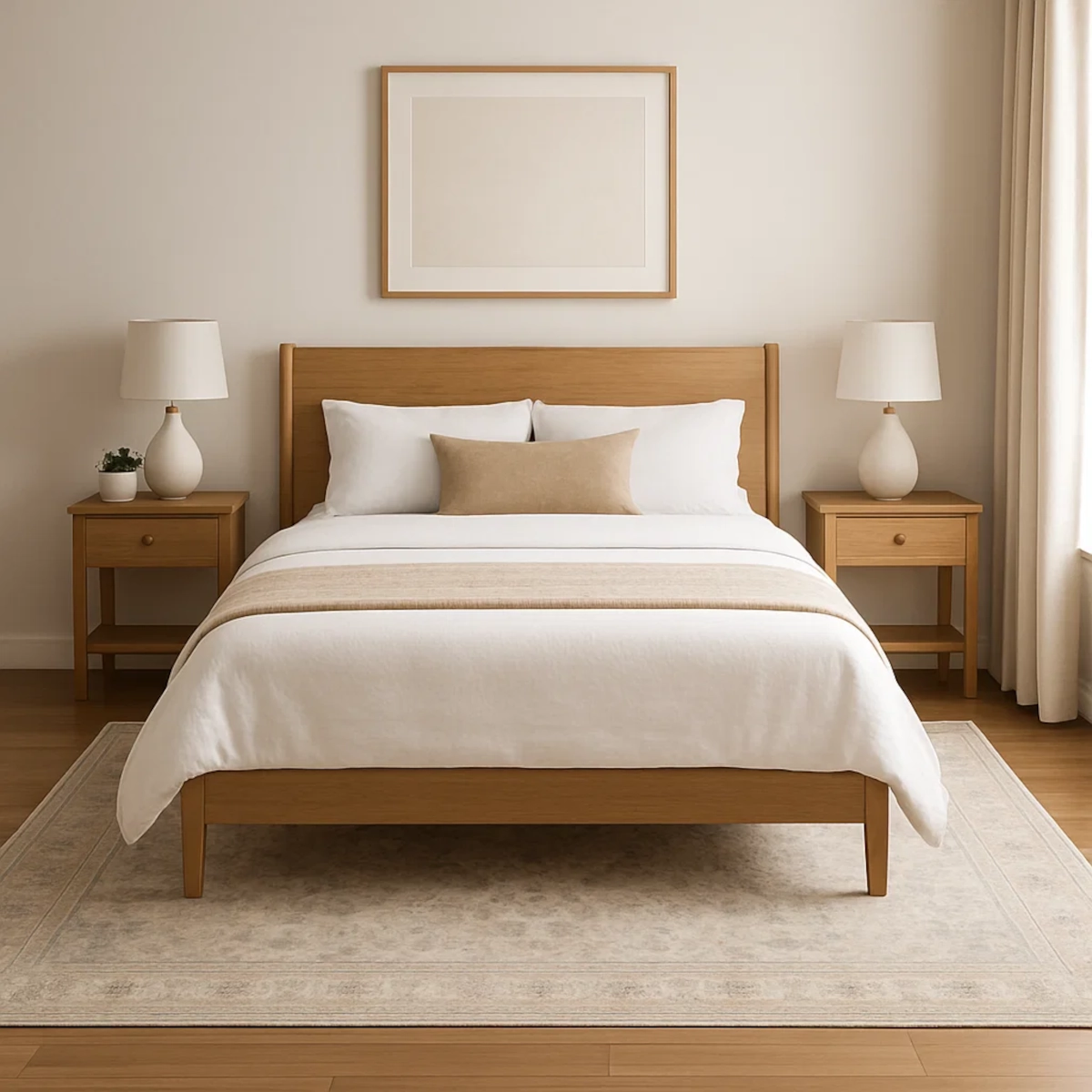 Chambre neutre avec un lit queen et un tapis beige placé sous le lit.
