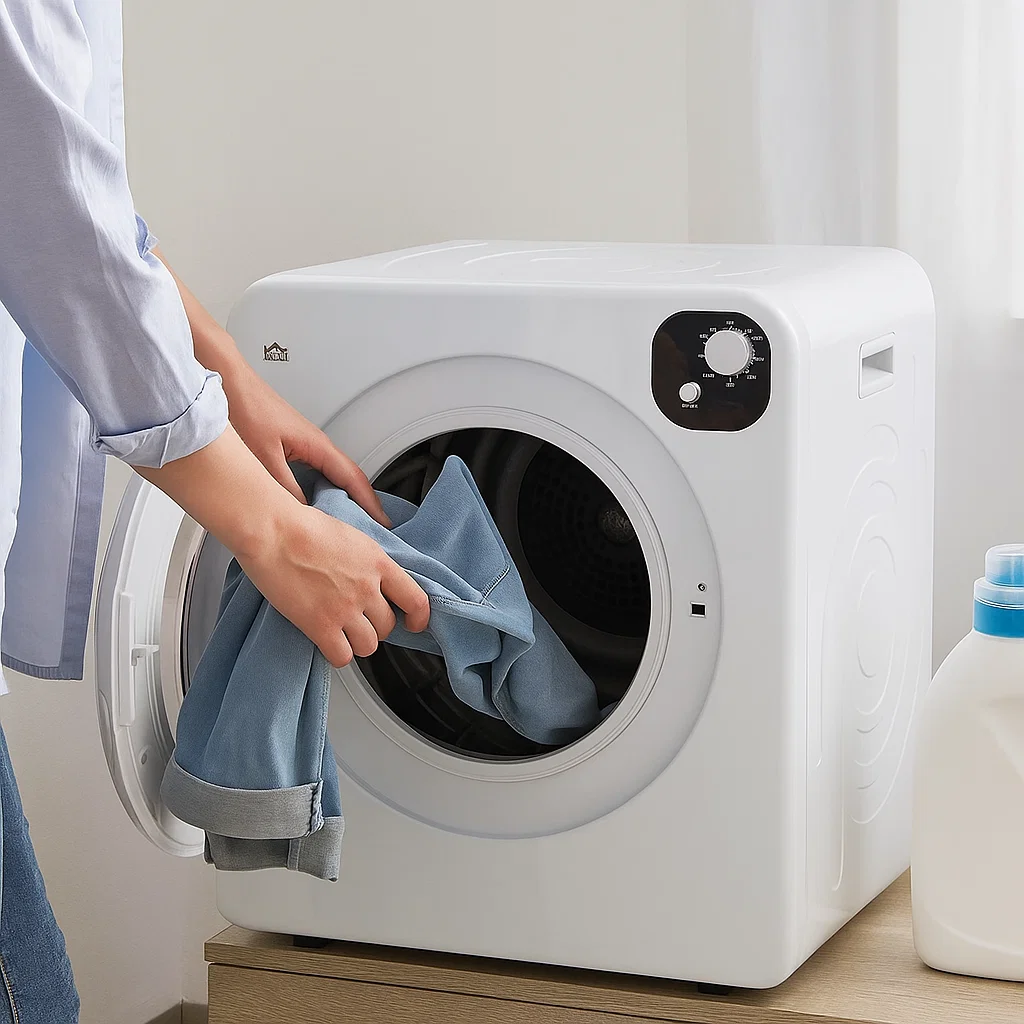 Personne plaçant du linge dans un sèche-linge blanc dans le cadre d'un processus de séchage.