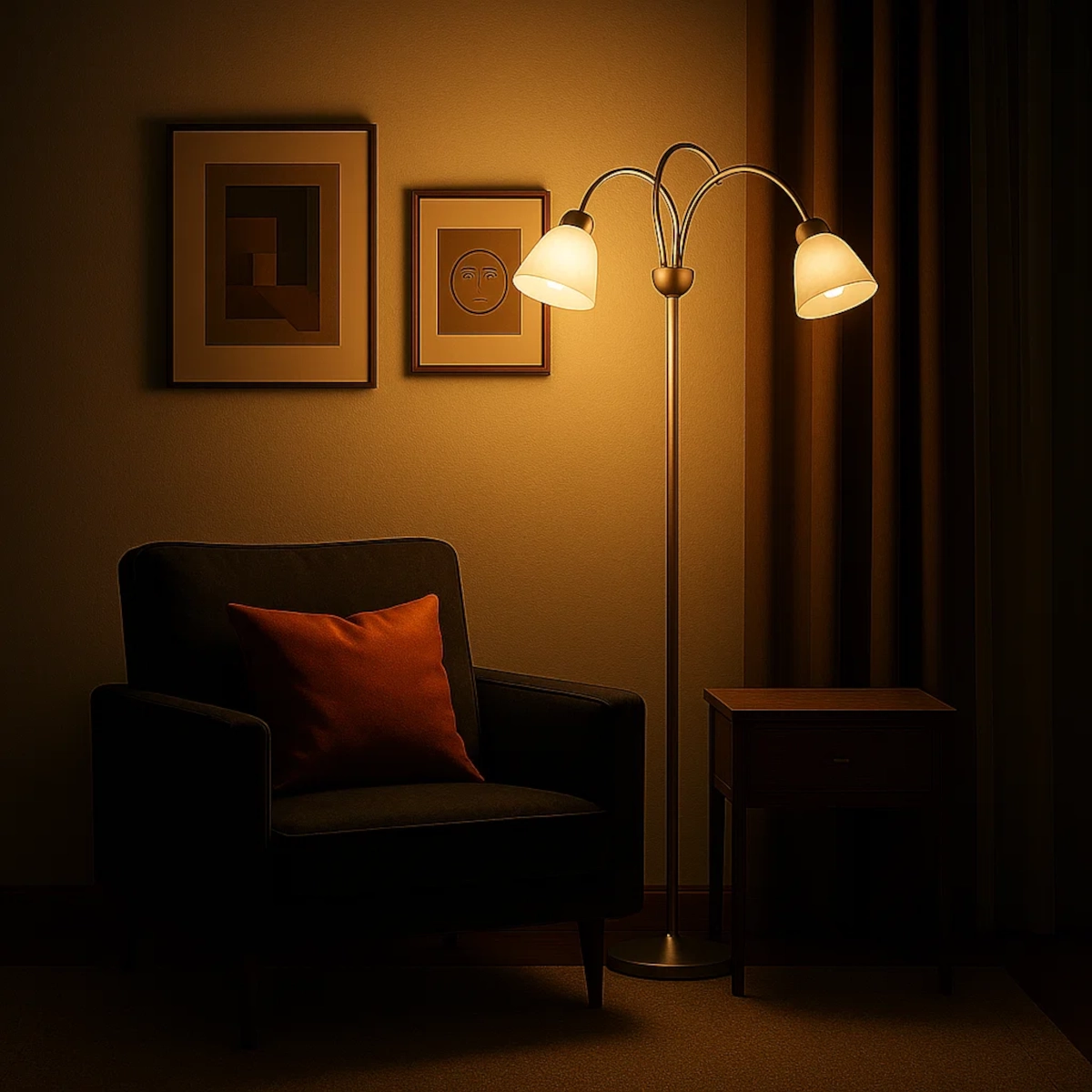 Un lampadaire éclairant un coin de lecture sombre la nuit.