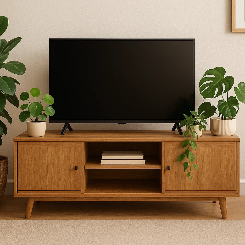Meuble TV en bois stylisé avec des plantes vertes en pot de chaque côté, complétant un mur et un décor neutres.