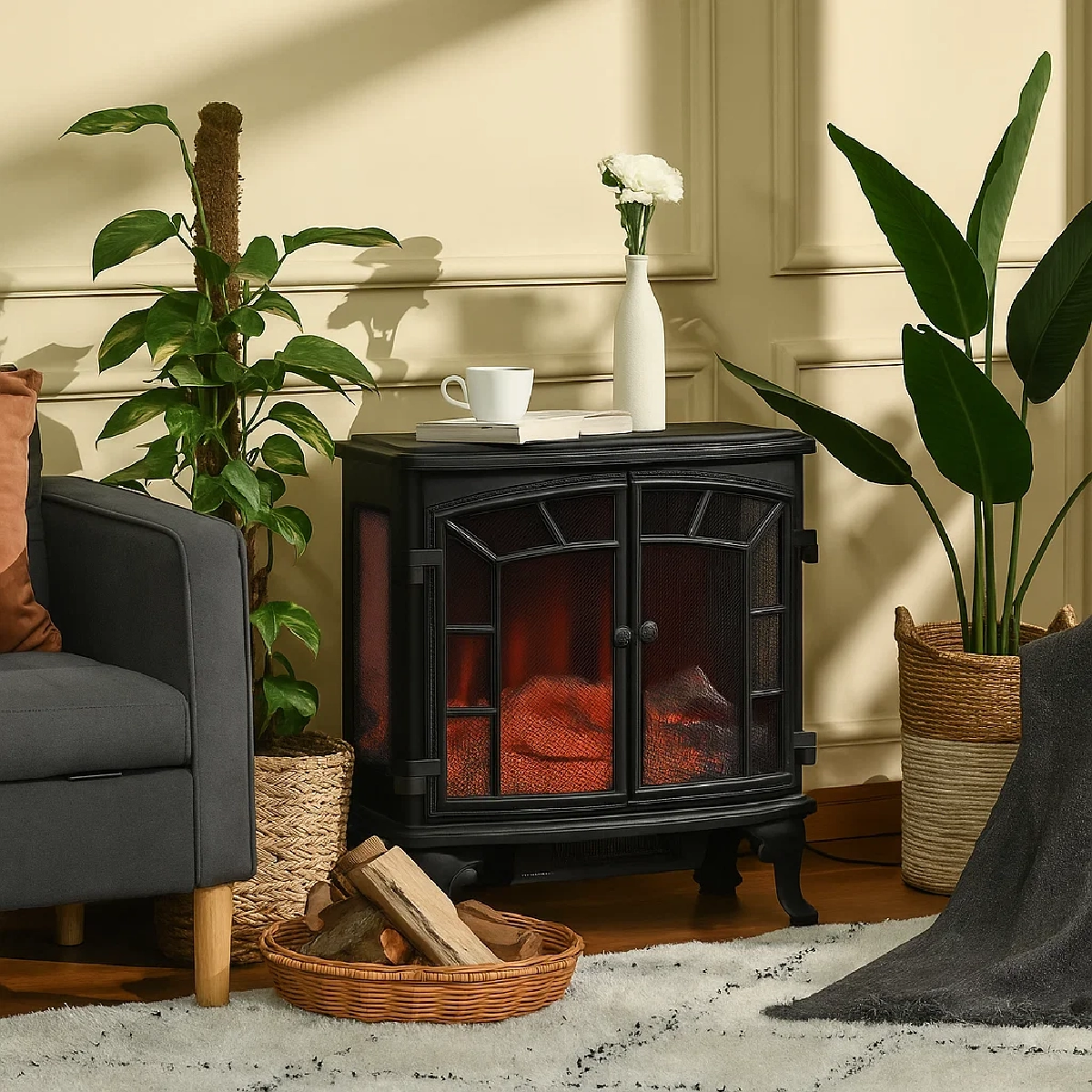 Cheminée électrique avec des plantes vertes, des paniers en osier et un plaid douillet ajoutant de la texture et une chaleur organique.