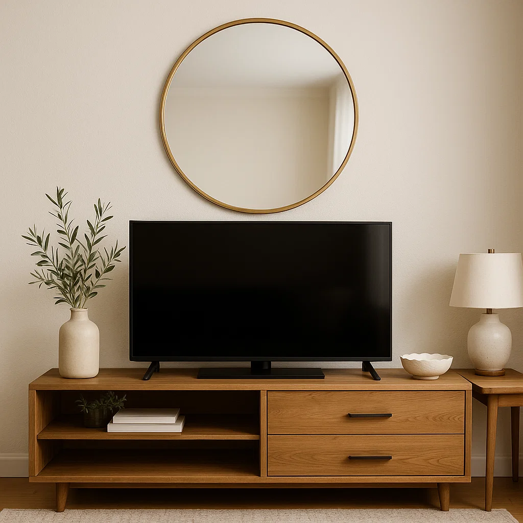 Meuble TV en bois sous un miroir mural rond, décoré avec des céramiques, des livres et une décoration aux tons neutres.
