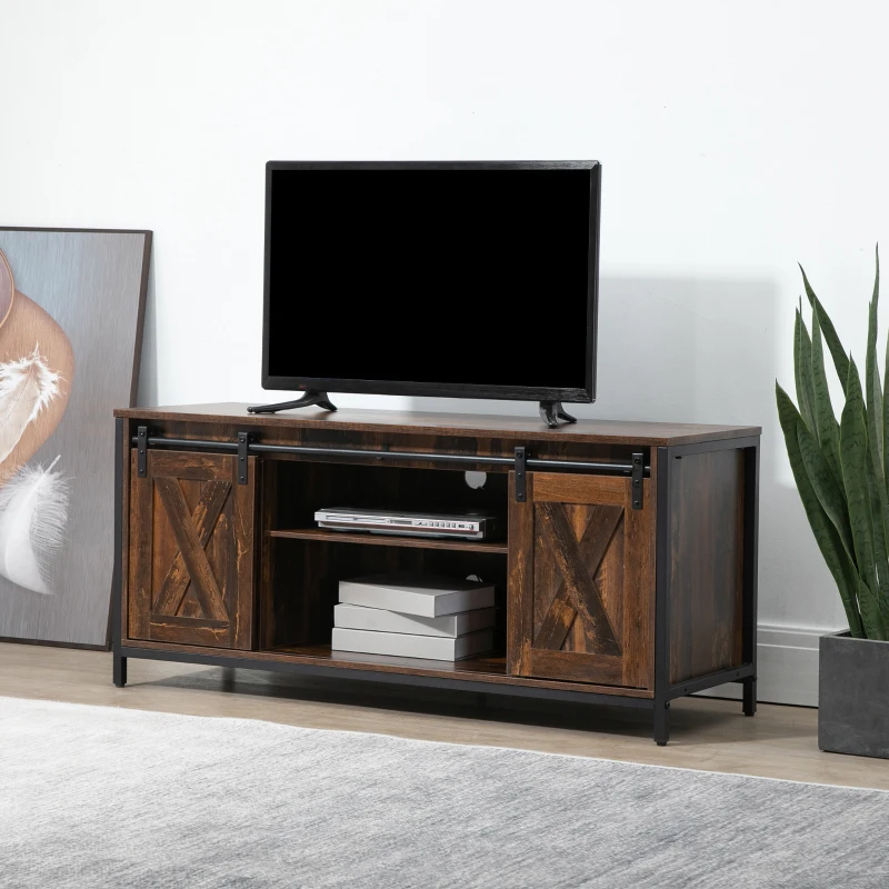 Console TV industrielle style grange avec finition en bois foncé et détails de quincaillerie en métal.