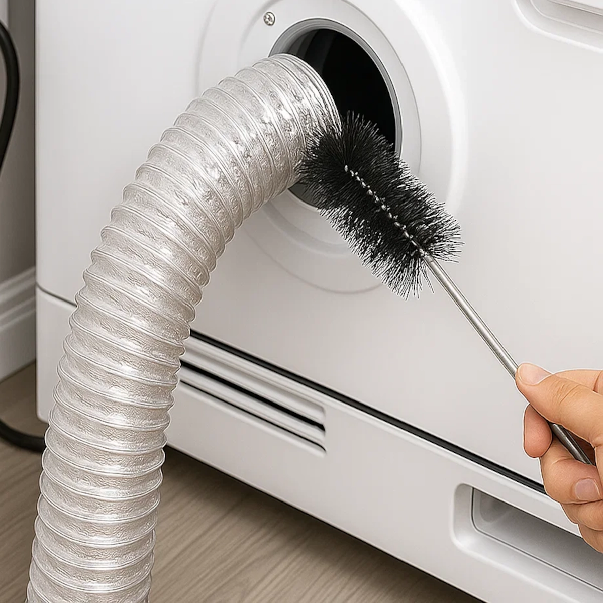 Nettoyage du conduit de la sécheuse avec un long goupillon.