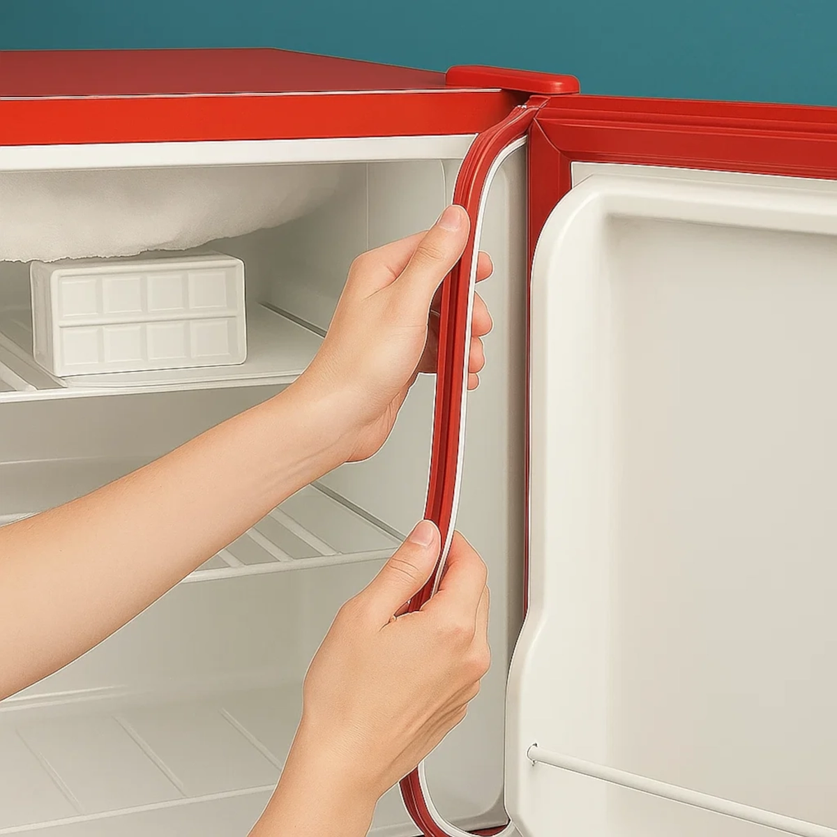 Mains inspectant le joint de porte en caoutchouc abîmé d'un réfrigérateur rouge.