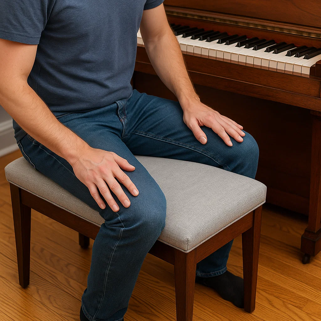 Personne assise sur un banc de piano qui teste sa stabilité et son confort.