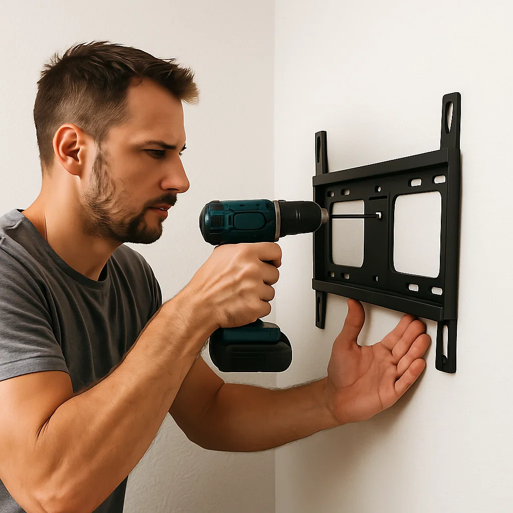 Personne perçant le mur pour installer un support mural TV sécurisé pour une installation TV moderne.