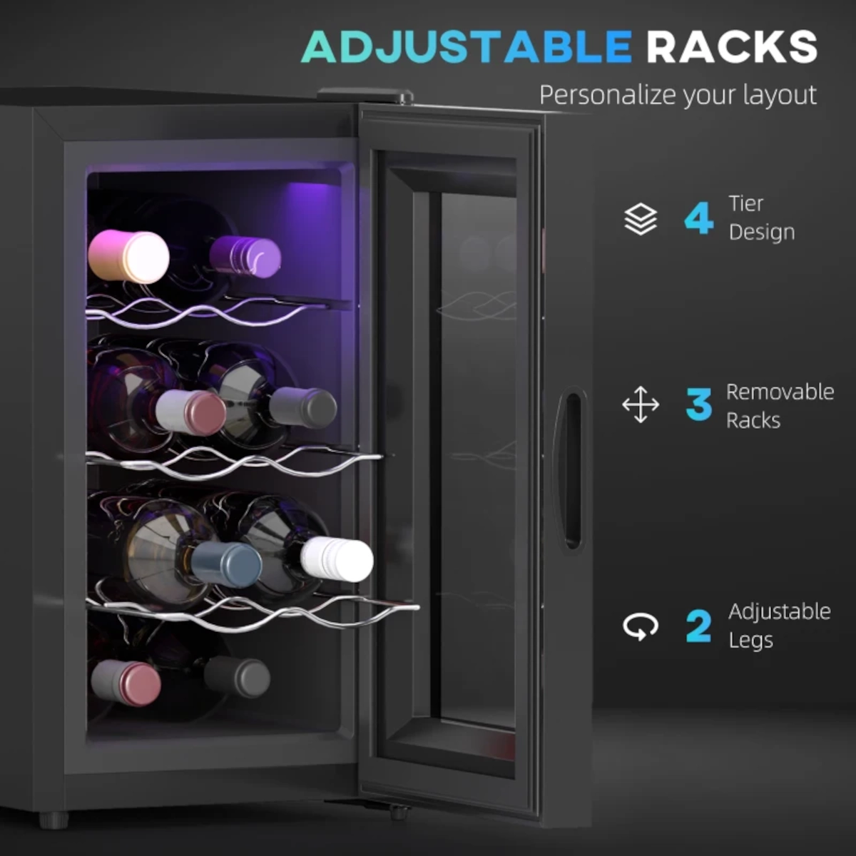 Réfrigérateur à boissons avec une porte en verre ouverte montrant des bouteilles de vin sur quatre étagères métalliques ondulées.