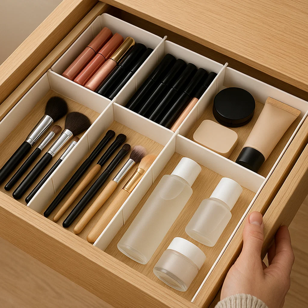 Tiroir de coiffeuse soigneusement organisé avec des pinceaux de maquillage, des rouges à lèvres, des flacons de produits de soin et des contenants cosmétiques.