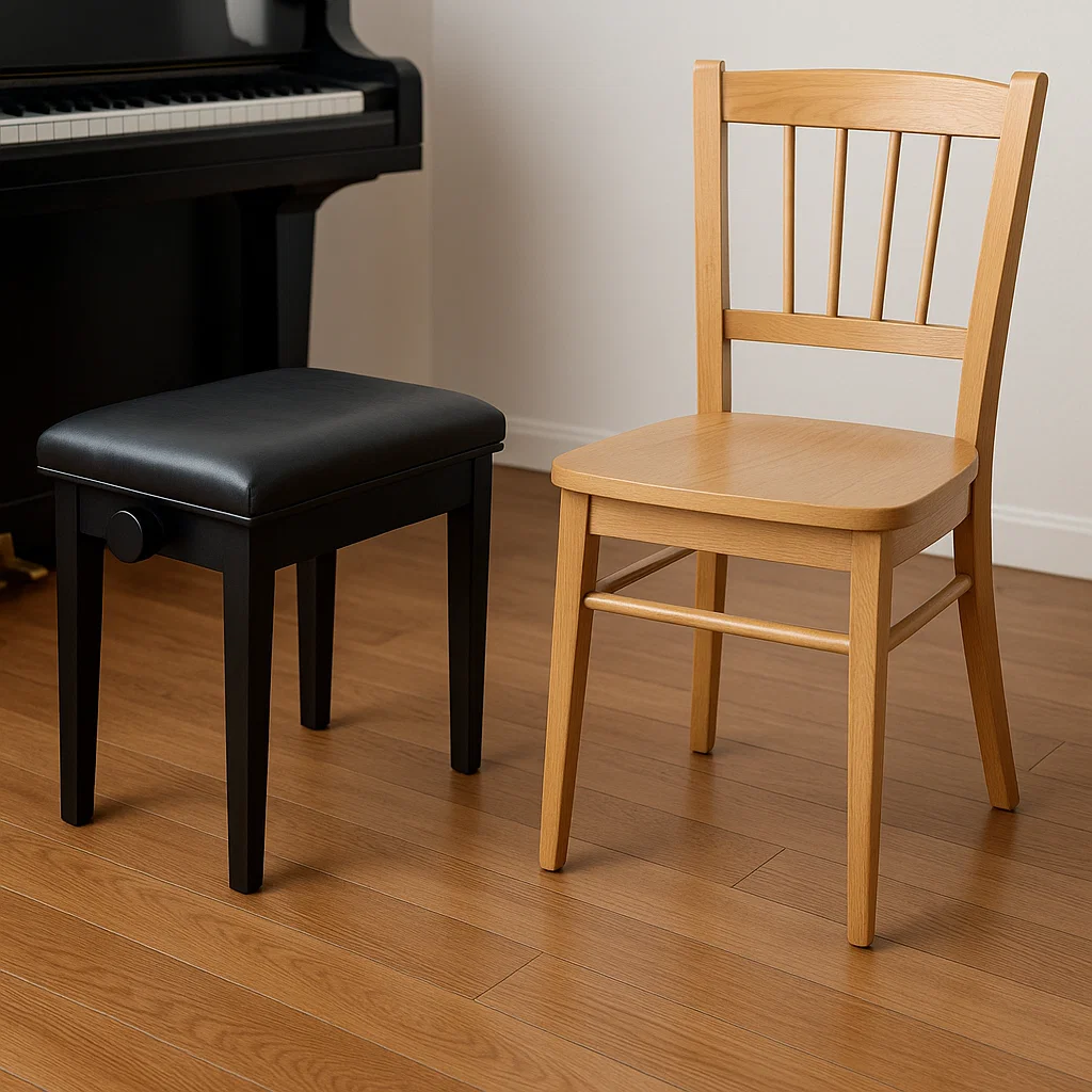 Banc noir rembourré et chaise en bois à côté du piano.