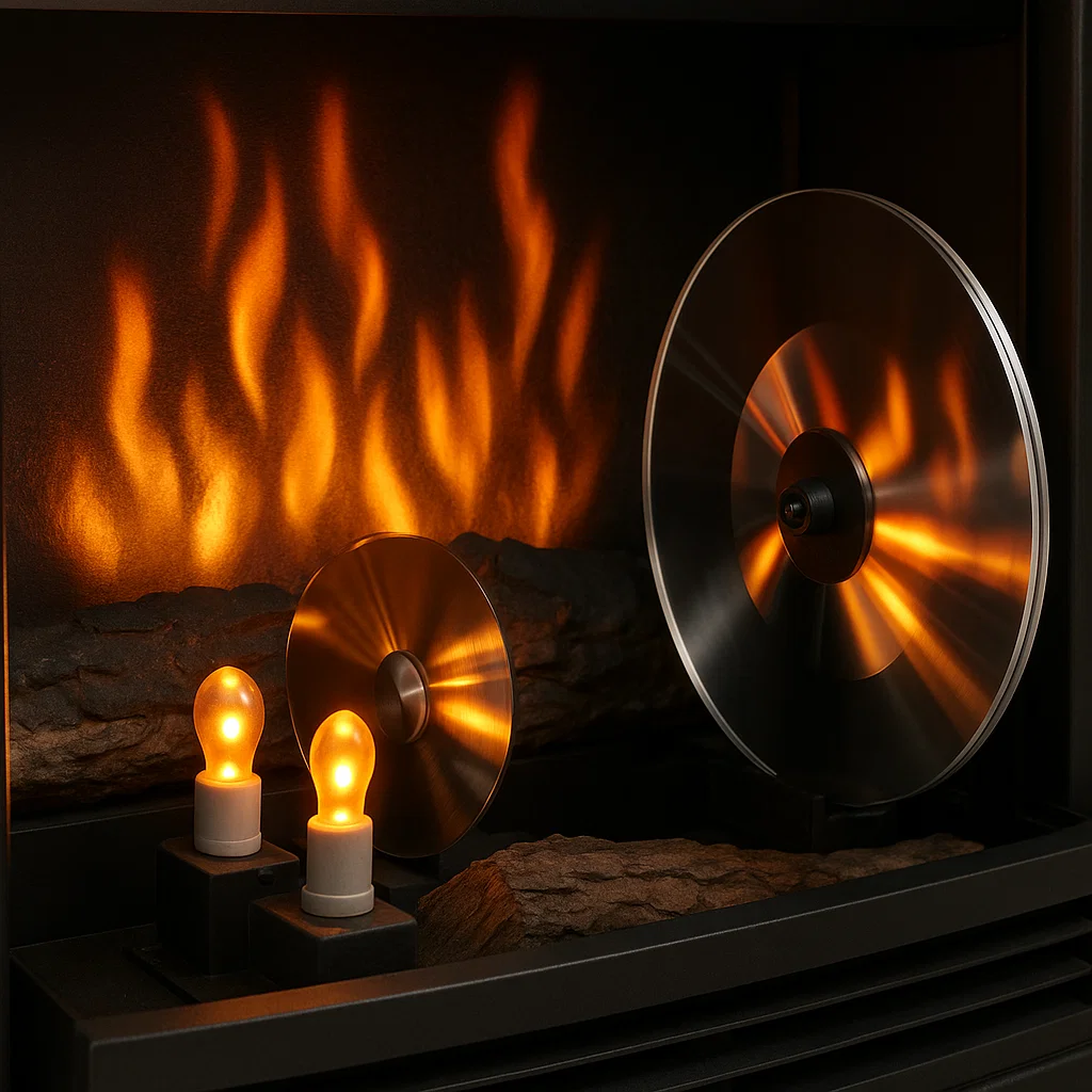 Vue intérieure d'un foyer électrique montrant des miroirs rotatifs et des ampoules LED utilisés pour simuler l'effet de flamme.