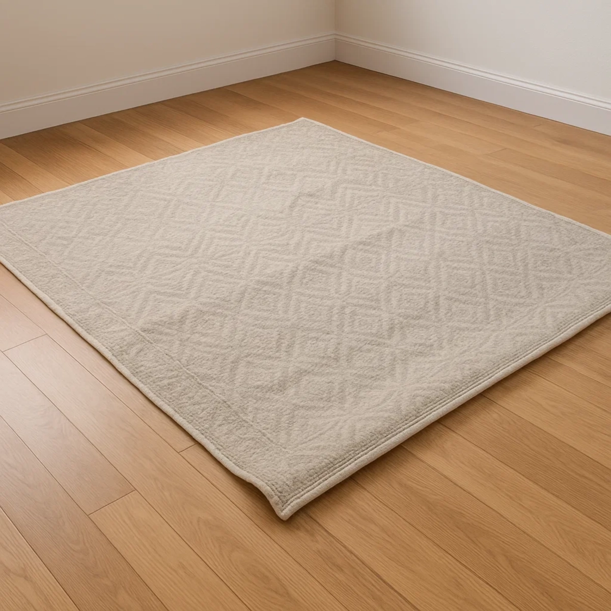 Tapis crème à motifs géométriques, au bord légèrement recourbé, posé à plat sur un parquet.