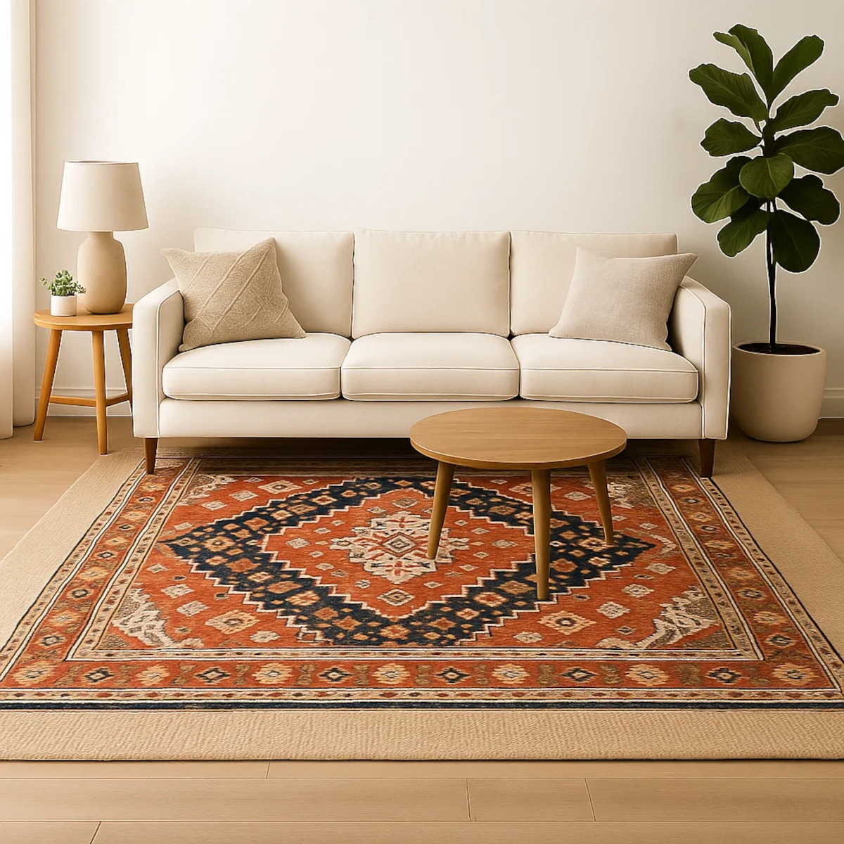 Tapis à motifs audacieux rouge-orangé superposé sur un tapis de base neutre sous le canapé et la table basse ronde.