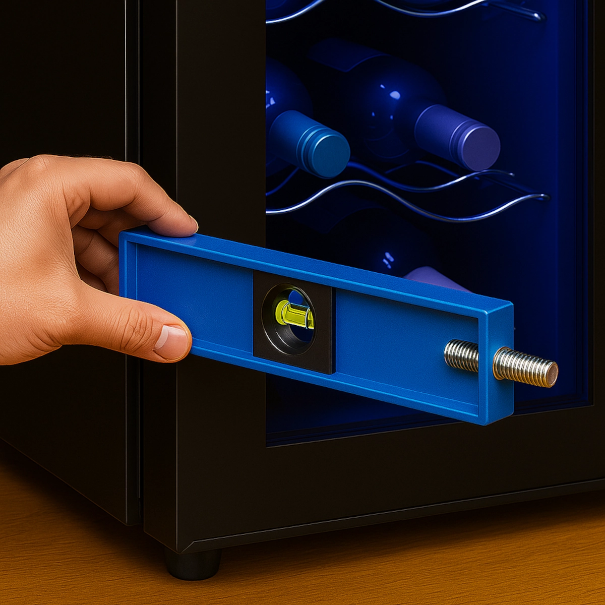 Main utilisant un niveau à bulle bleu pour vérifier l'alignement d'une cave à vin lors de l'installation de meubles.