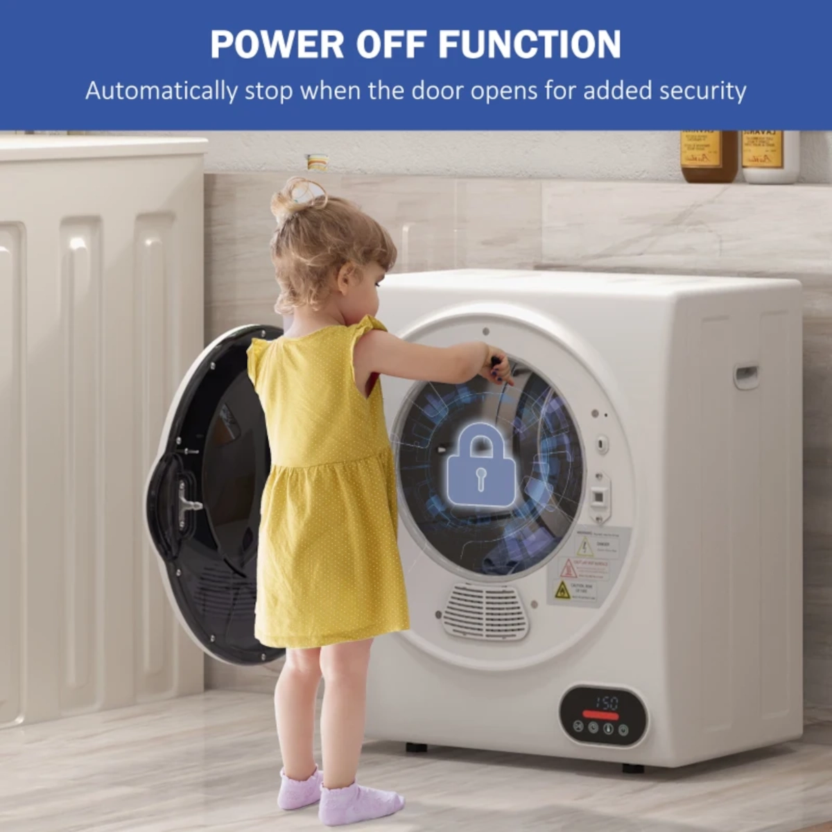 Enfant en bas âge debout près d'un sèche-linge à chargement frontal avec fonction de sécurité enfant.