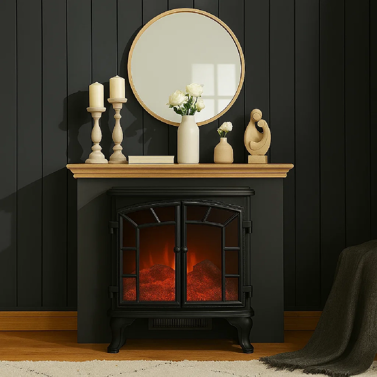Cheminée électrique avec manteau en bois, miroir, bougies et décor sculptural dans un cadre moderne et sombre.