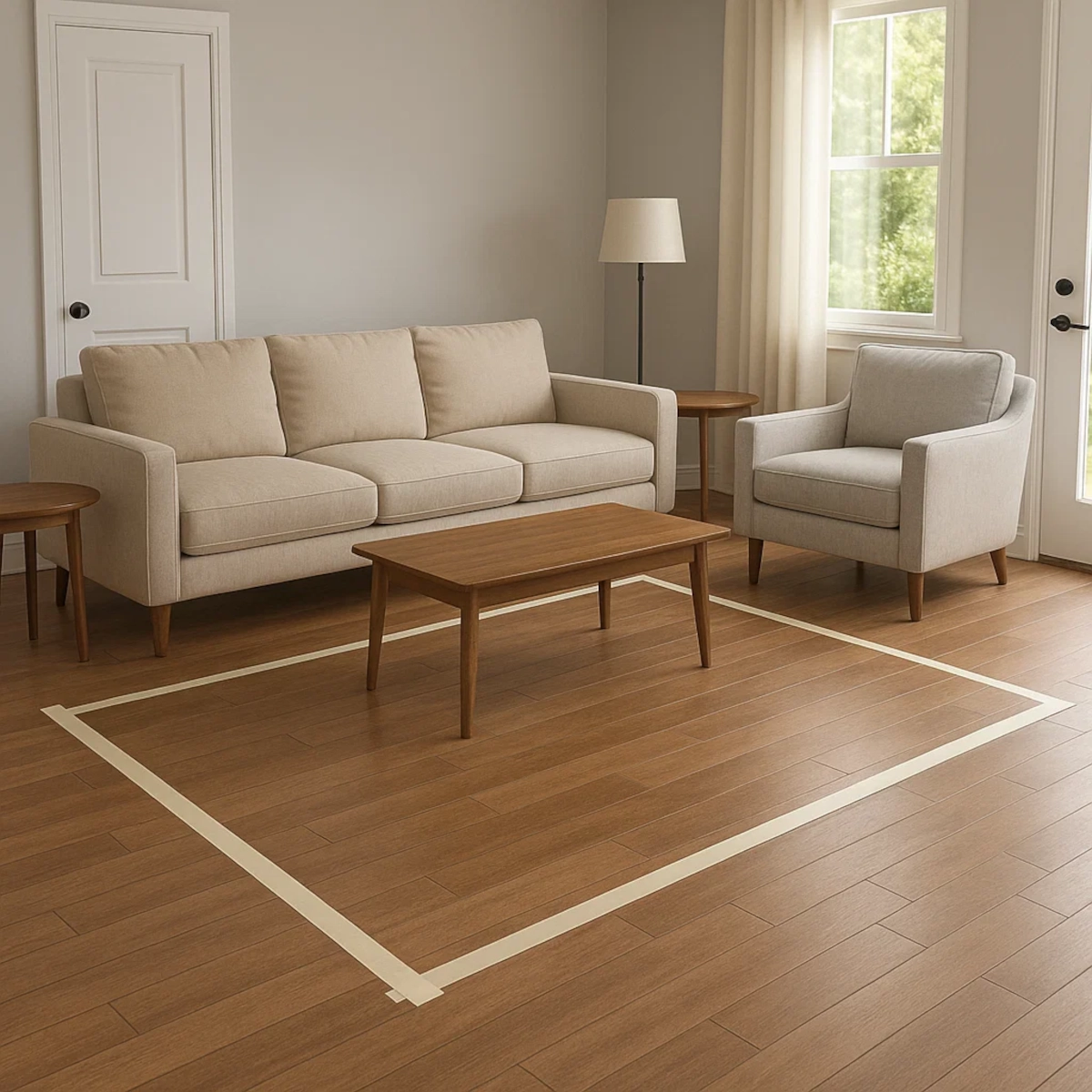 Salon avec du ruban de masquage délimitant l'emplacement d'un tapis entre le canapé beige et le fauteuil.