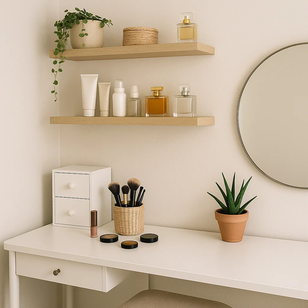 Étagères murales au-dessus de la coiffeuse avec des parfums, des produits de soin et des plantes, et des pinceaux disposés sur la table.