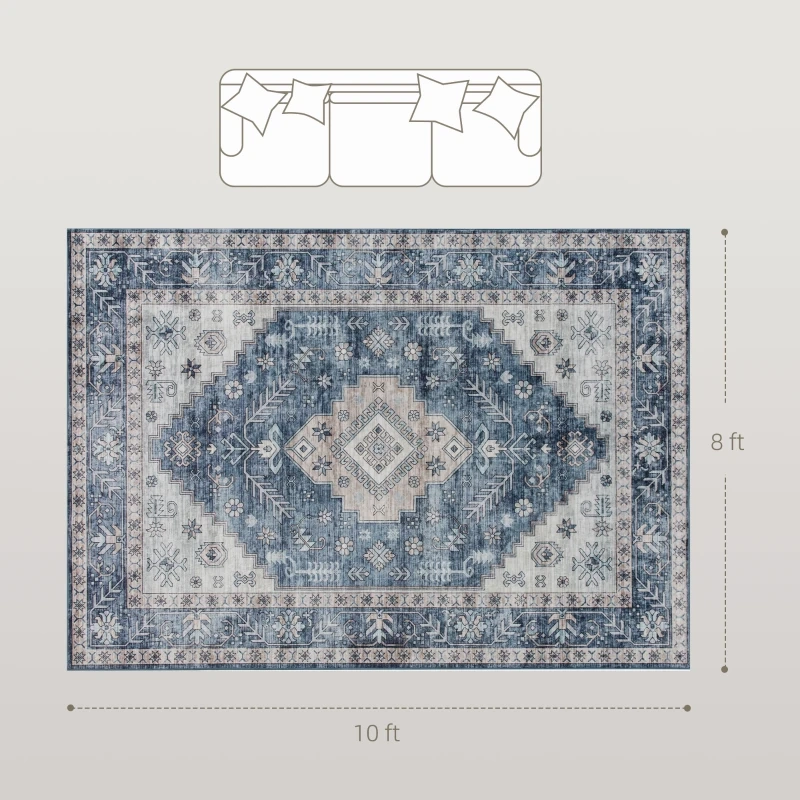 Vue de dessus d'un tapis de 8x10 à motifs bleus avec un guide de disposition du canapé pour un placement correct des meubles.