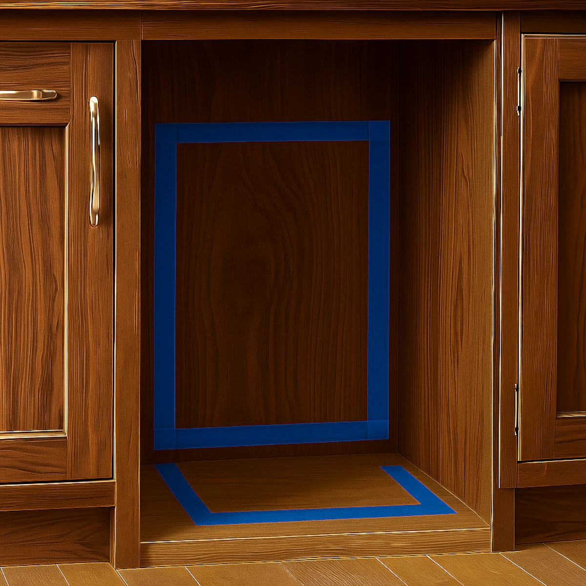 Intérieur du meuble délimité par du ruban adhésif bleu marquant les dimensions pour l'emplacement et l'ajustement du réfrigérateur à vin.
