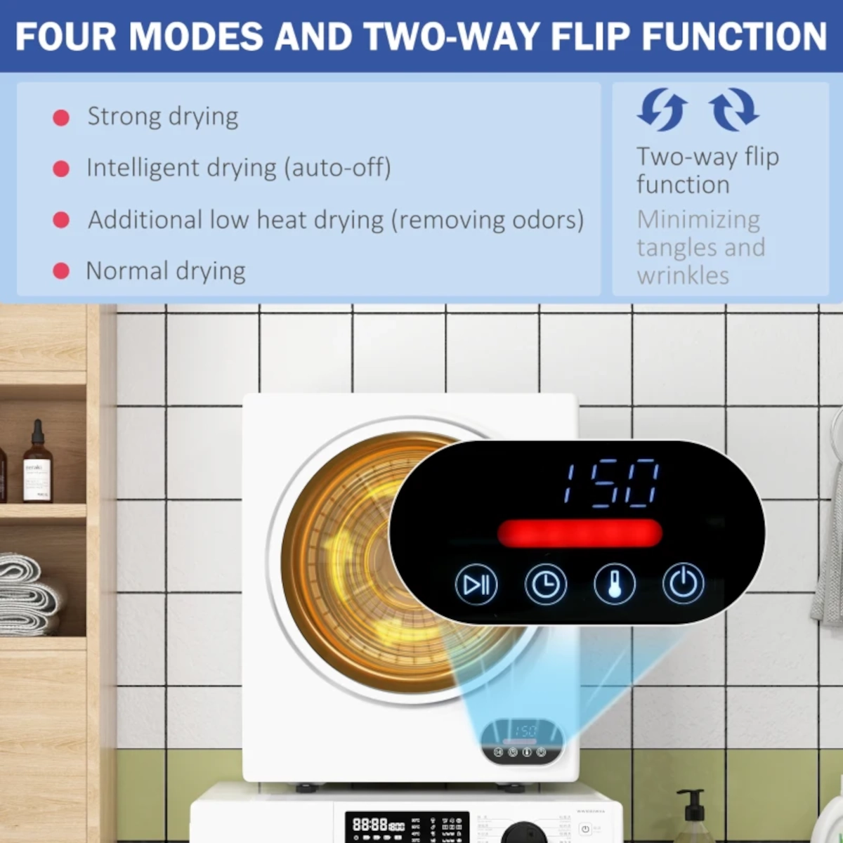 Afficheur de sèche-linge à chargement frontal montrant plusieurs modes de séchage et la fonction de rotation alternée.