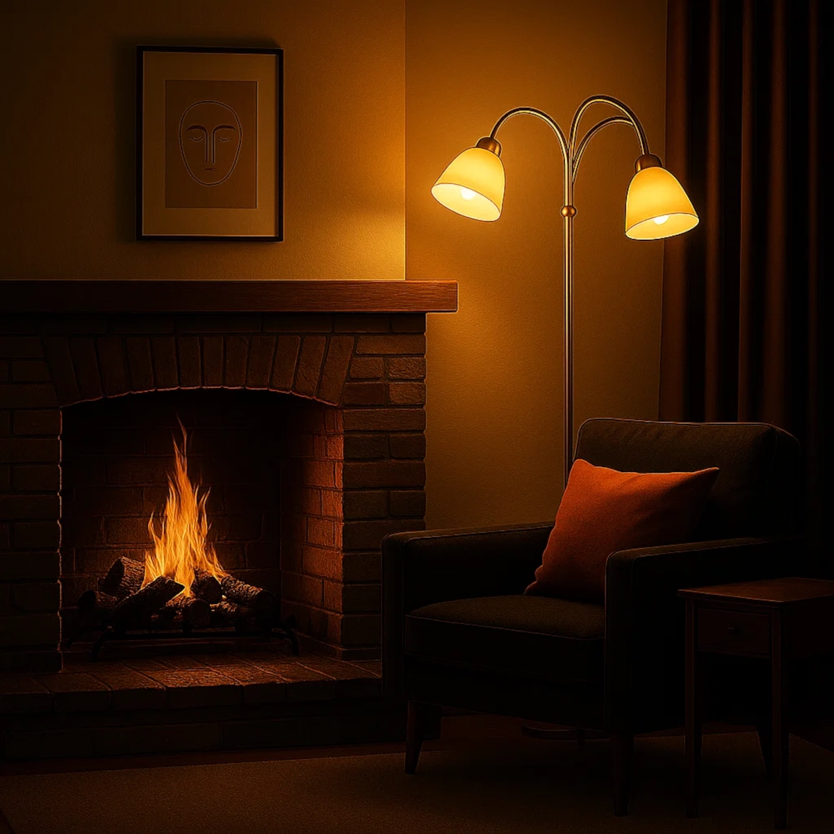 Lampadaire à côté du fauteuil près de la cheminée rougeoyante.