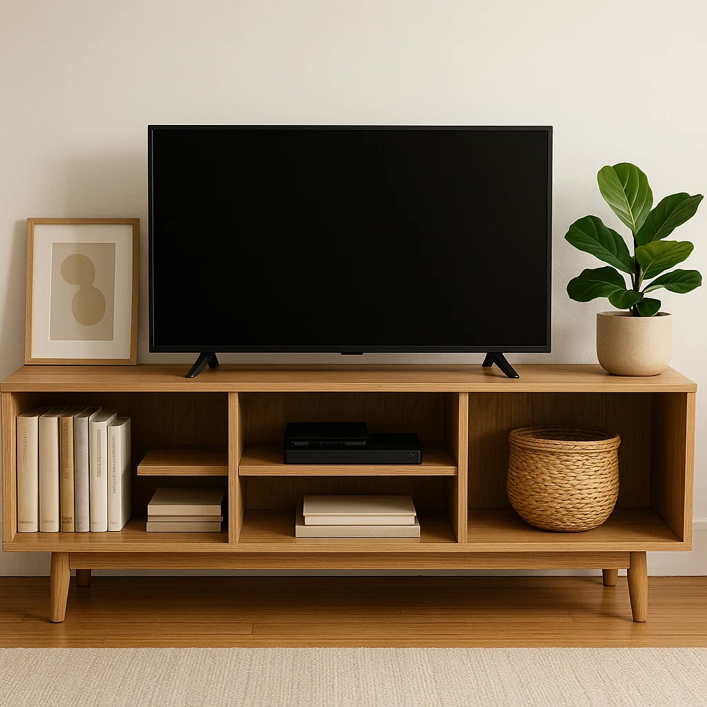 Meuble TV mural minimaliste en bois aux lignes épurées, sous un téléviseur fixé au mur dans une pièce moderne et neutre.