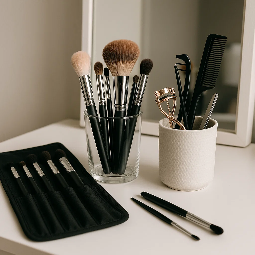 Pinceaux de maquillage dans des supports en verre avec un recourbe-cils, des peignes et un ensemble de pinceaux supplémentaire sur une coiffeuse.