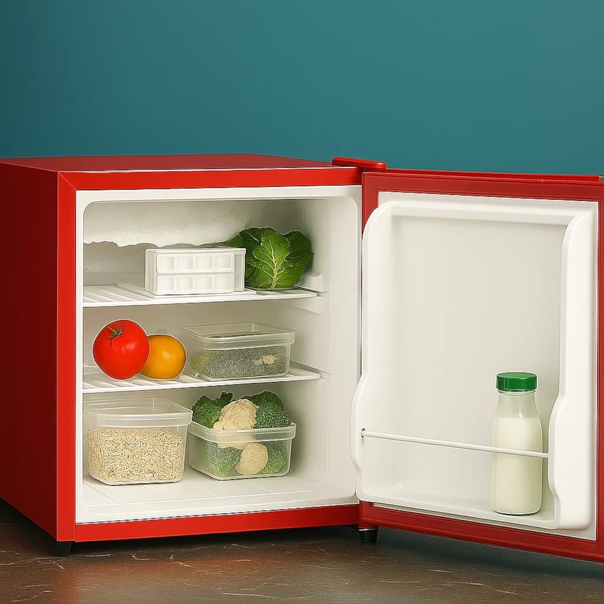 Aliments et légumes frais soigneusement rangés dans un mini-frigo.