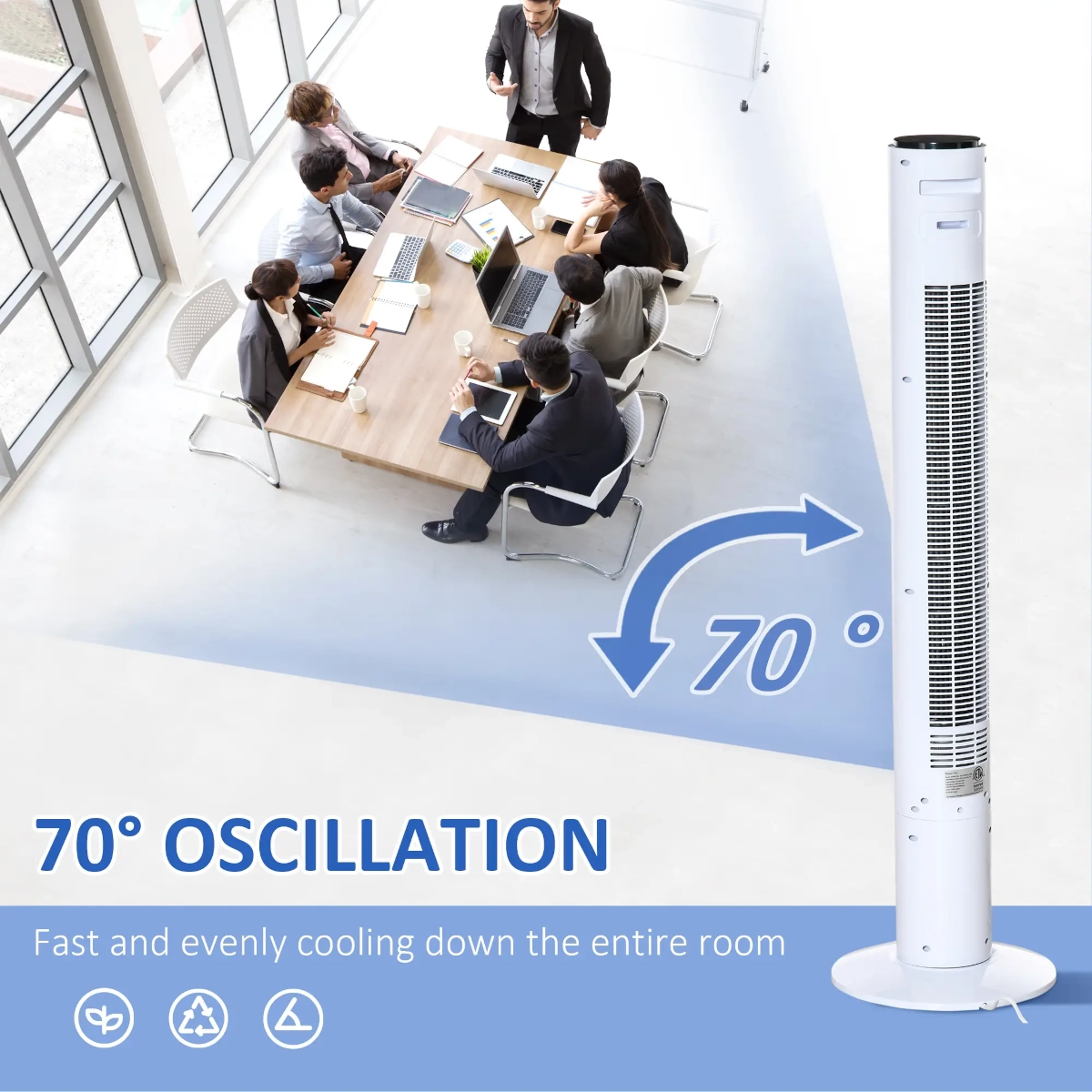 Ventilateur colonne avec oscillation de 70 degrés pour un flux d'air uniforme.
