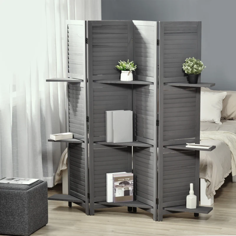 Séparateur de pièce en panneaux de bois gris avec étagères d'angle intégrées pour livres et plantes.