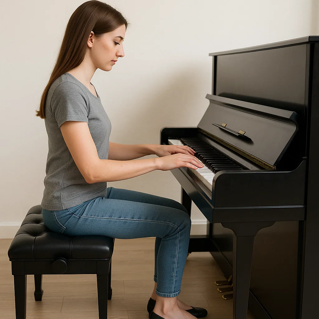 Femme assise sur une banquette de piano rembourrée avec une posture droite.