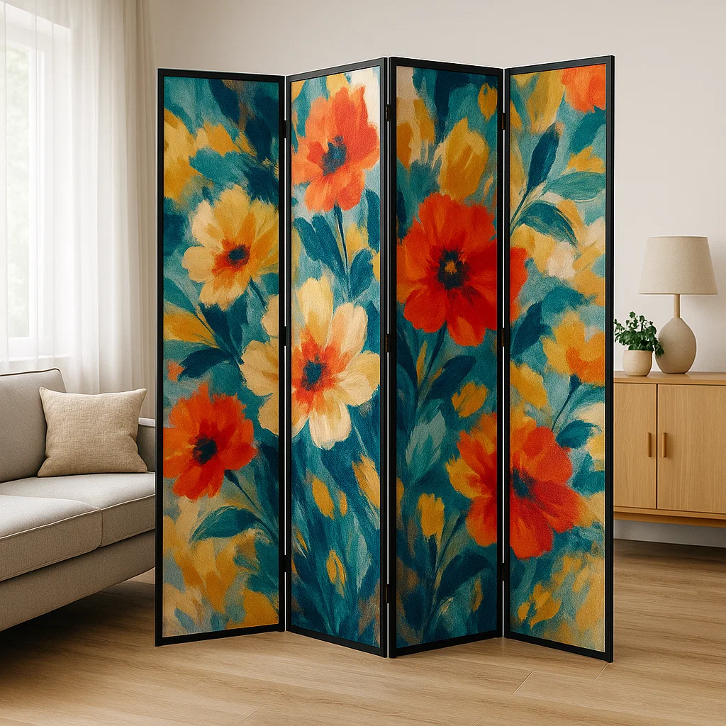 Paravent en tissu à imprimé floral coloré avec des fleurs vives rouges, jaunes et bleu canard.