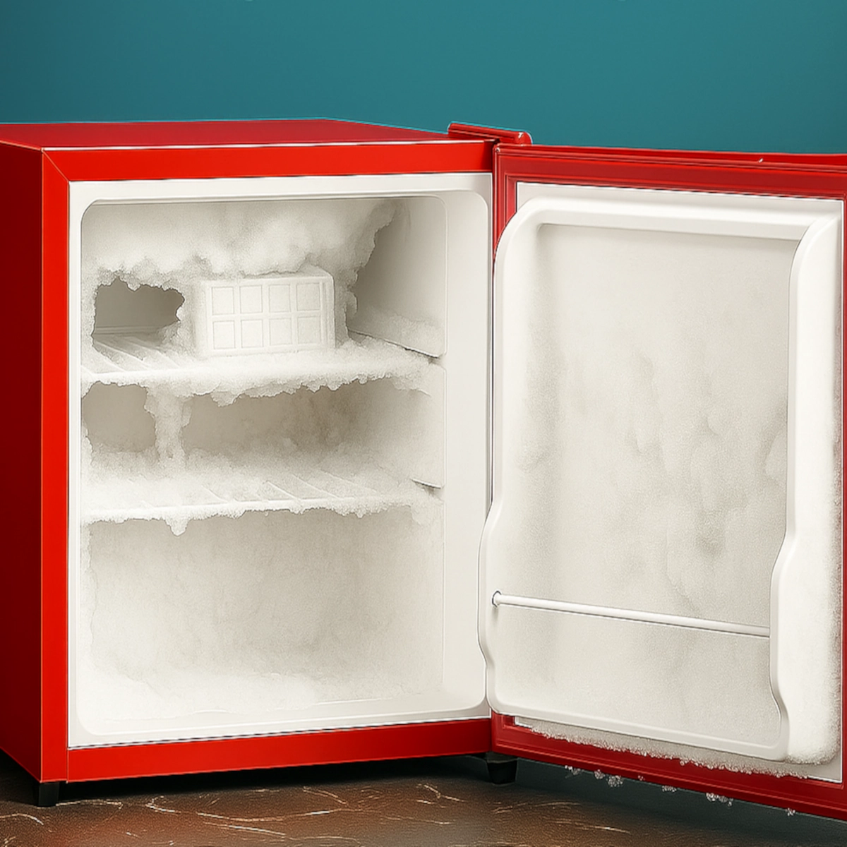 L'intérieur du mini-frigo est entièrement recouvert d'une épaisse couche de givre blanc.
